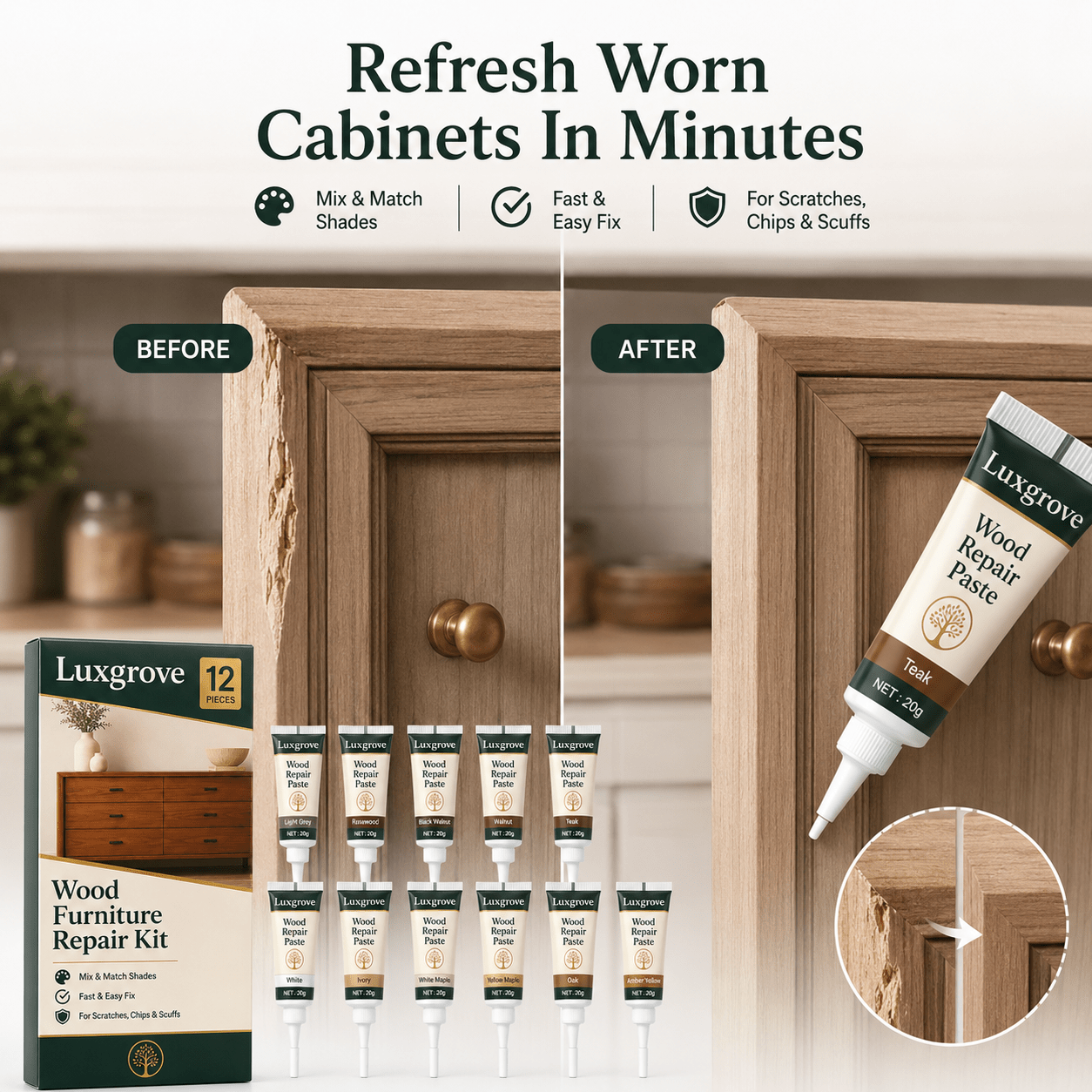 Luxgrove™ Wood Repair Paste Kit - Fix Scratches, Chips, Small Holes & Worn Spots Without Replacing The Wood - Luxgrove