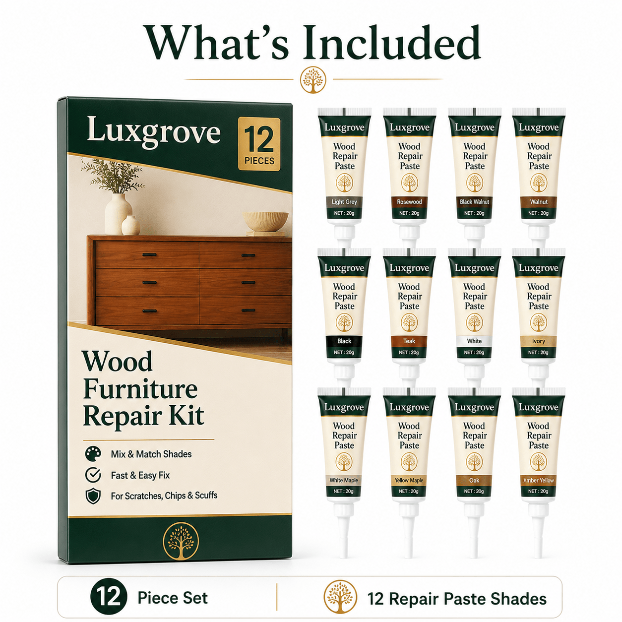 Luxgrove™ Wood Repair Paste Kit - Fix Scratches, Chips, Small Holes & Worn Spots Without Replacing The Wood - Luxgrove