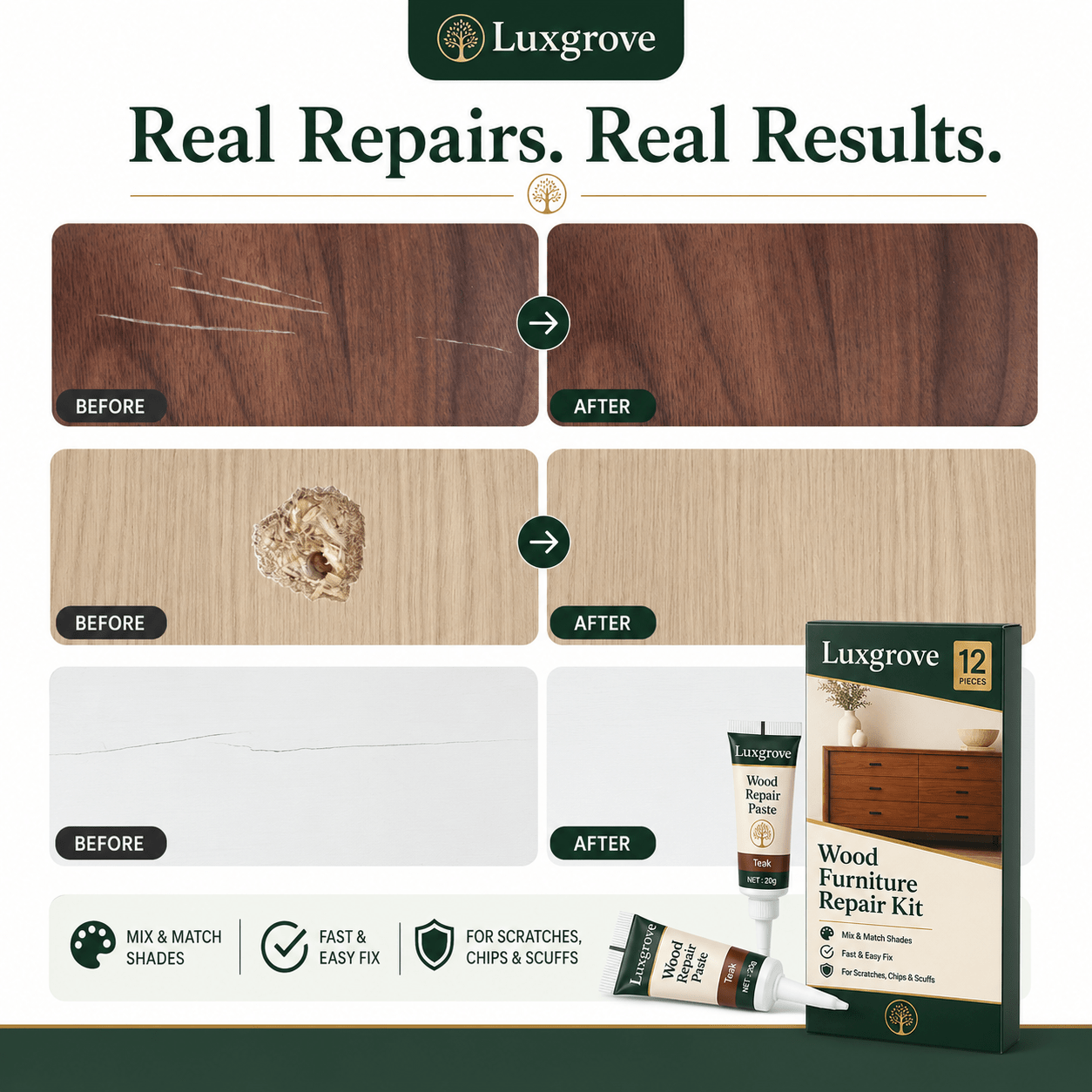 Luxgrove™ Wood Repair Paste Kit - Fix Scratches, Chips, Small Holes & Worn Spots Without Replacing The Wood - Luxgrove
